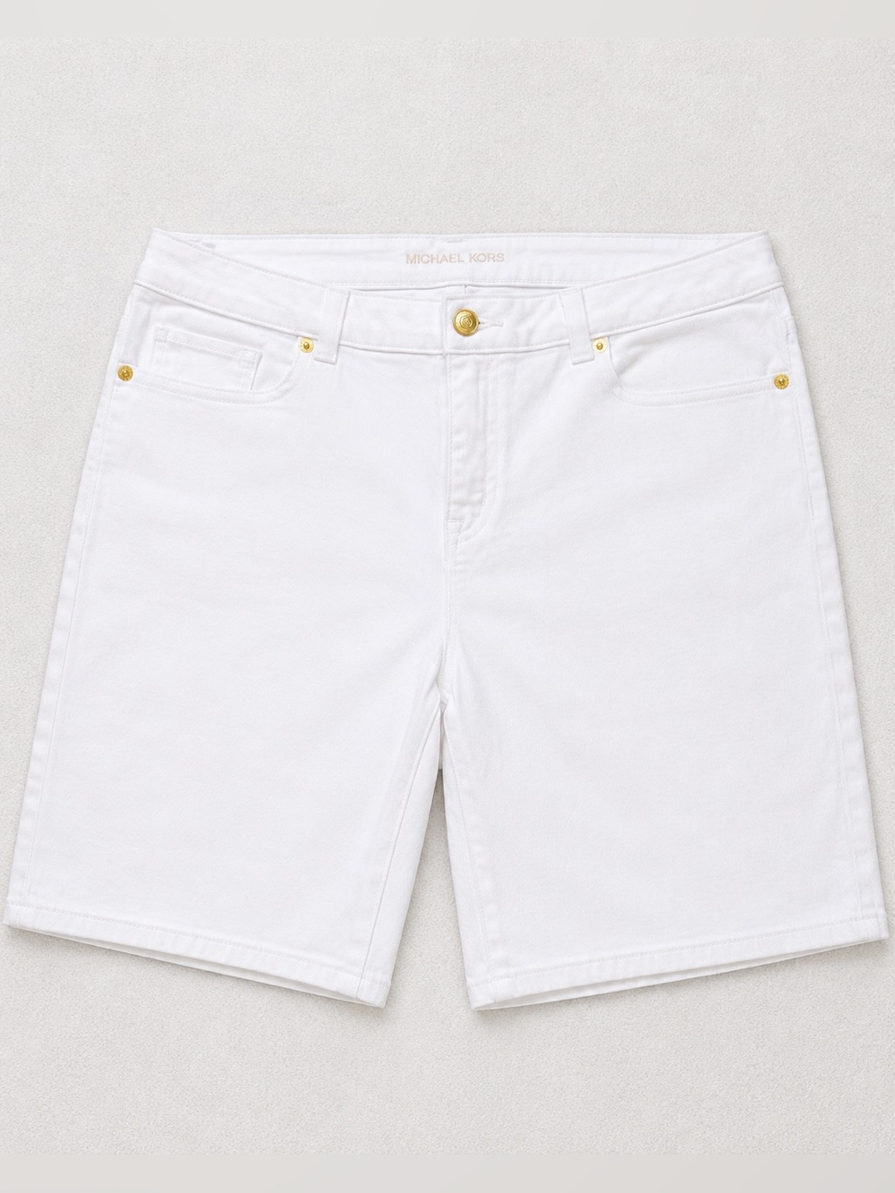 Michael Kors White Denim Bermuda Shorts with Gold Hardware